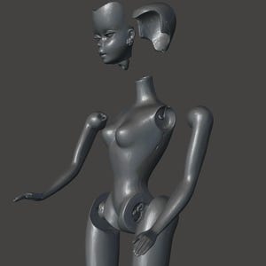 Puede incluir: Una muñeca gris desmontada con la cabeza, el pelo y las extremidades separadas. El cuerpo de la muñeca está articulado, con articulaciones visibles en los hombros, las caderas y las rodillas. La cabeza presenta rasgos faciales detallados. El pelo también está separado.