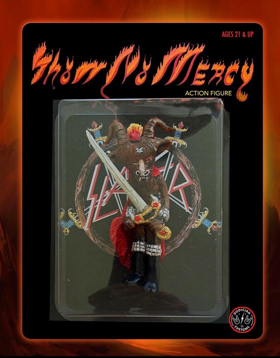 A hand-sculpted, one-of-a-kind action figure of Slayer's debut album era — the kind of hyper-niche fan art you absolutely cannot buy anywhere else.