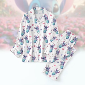 Disney Stitch Pajamas Set, Disneyland Trip Holiday Pajamas, Magic Kingdom Pajamas Women, Stitch And Angel Pajamas, Matching Pajamas Set