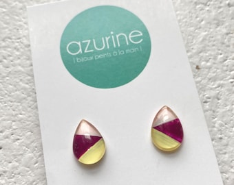 Pink, yellow and fuschia teardrop earrings  | minimalist | post earrings |  handpainted glass by azurine | made in Quebec city Canada