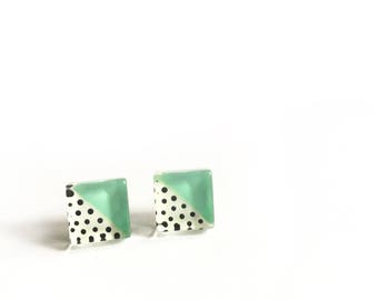 Handpainted jewelry | Retro mint earrings | black and white polka dots | minimalist | post earrings |  handpainted glass by azurine