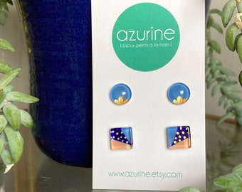 Peach & blue earring | gold dots | post earrings | surgical steel | handpainted glass by azurine