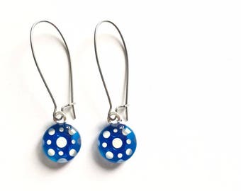 Blue polka dots dangle earrings | handpainted glass by azurine