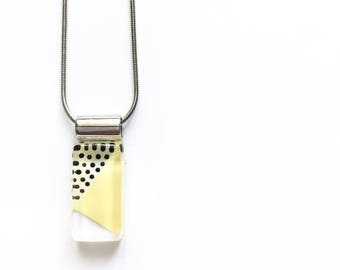 Yellow pendant | modern necklace | black and white polka dots | minimalist | on stainless steel chain | handpainted glass by azurine