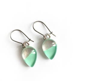 Delicate mint earrings | teardrop | modern minimalist | dangle earrings | surgical steel handpainted glass, azurine