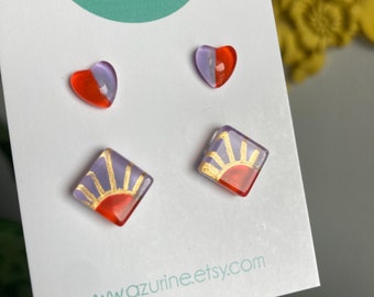Handpainted Lilac Coral Glass Earrings, Surgical Steel Set