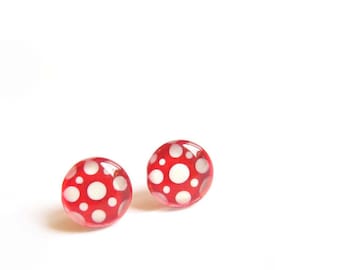 Red earrings, delicate earrigs,  polka dots earrings, surgical steel earrings, handpainted glass by azurine