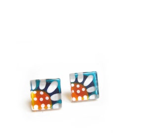 Flower earrings | teal and orange | daisy hand painted glass by azurine