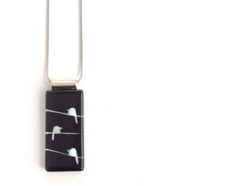 Black bird necklace | bird on wire | on stainless steel chain | handpainted glass by azurine