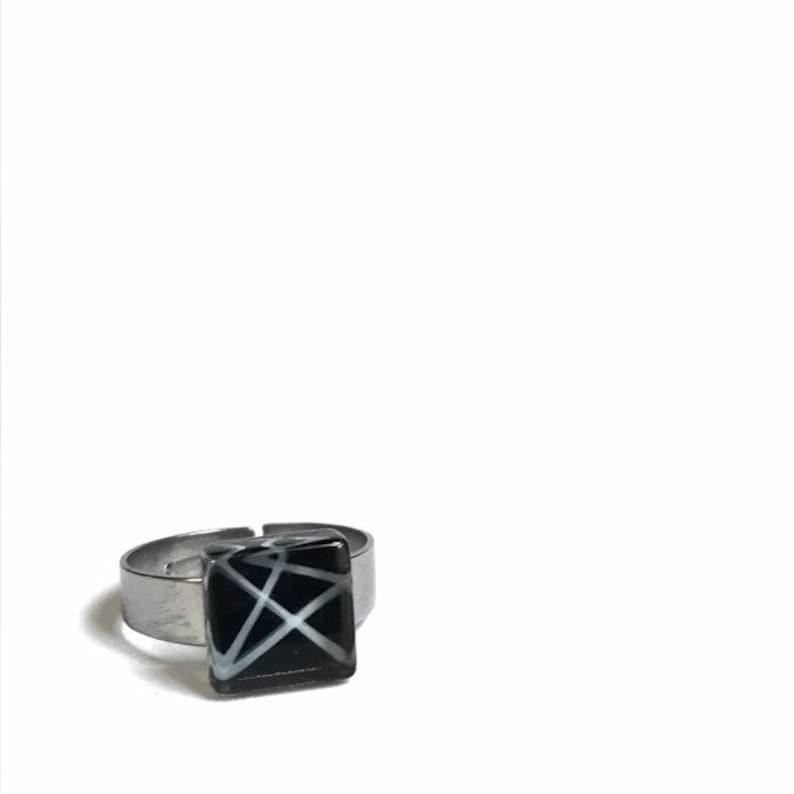 ajustable stainless steel Black and white ring minimalist handpainted glass by azurine