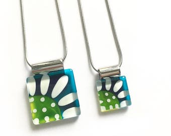 Mom and daughter necklace set | green and teal flower | mother day gift | on stainless steel chain | handpainted glass by azurine