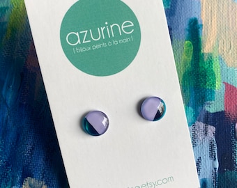 Minimalist lilac earrings | teal | stainless steel | hand painted glass by azurine | made in Quebec city.
