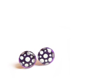 Purple polka dots earrings  - hand painted glass -