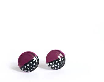 Hand-Painted Glass Earrings | Rose Pink, Black & White Polka Dot