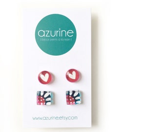 Flower and heart earrings  (set of two) | pink and teal |  handpainted glass by azurine