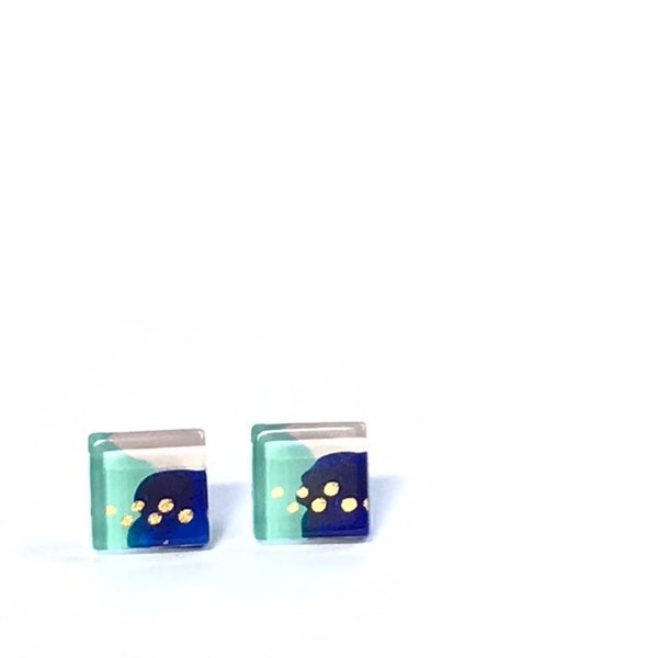 Boucles d’oreilles bleu rose vert menthe et or | minimaliste | verre peint à la main par azurine