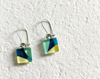 Hand-Painted Glass Earrings | Mint, Turquoise, Yellow, Stainless Steel