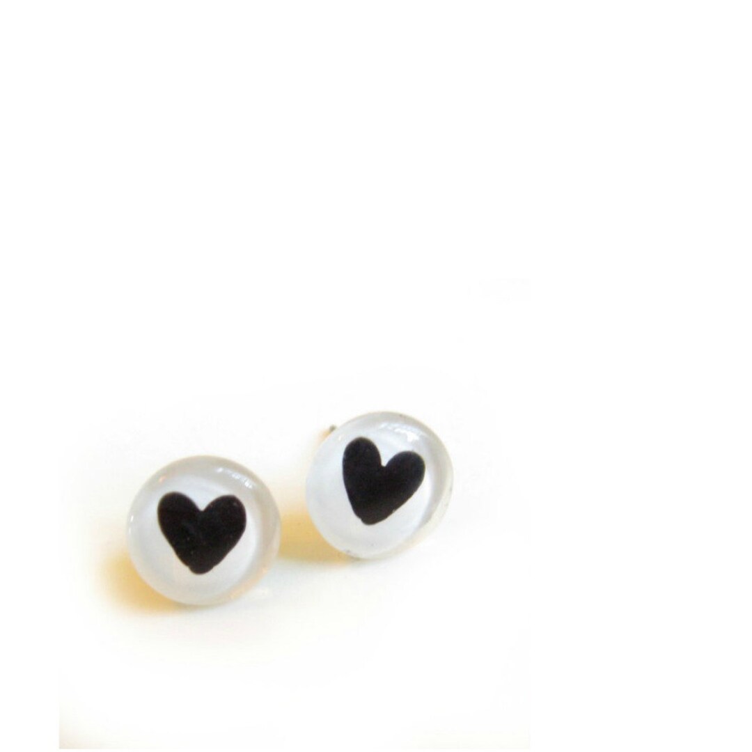 Black and White Heart Valentine Earrings Handpainted Glass - Etsy