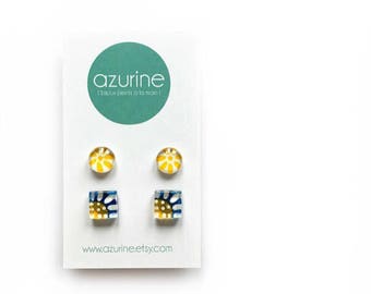 Flower earrings set | blue and yellow |  handpainted glass by azurine