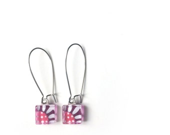 Pink flower earrings dangle earrings surgical steel handpainted glass by azurine