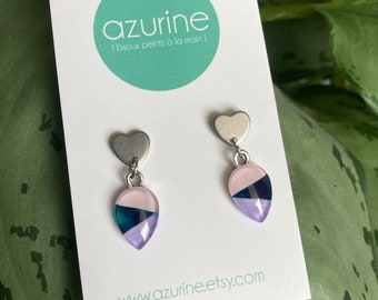 Teal, lilac and pink dangle heart earrings | stainless steel | handpainted glass by azurine | made in Quebec