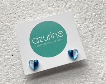 Blue and teal heart earrings | stainless steel | post earrings | handpainted by azurine | handmade in Canada
