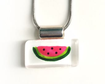 Watermelon pendant  necklace  | on stainless steel chain | handpainted glass by azurine