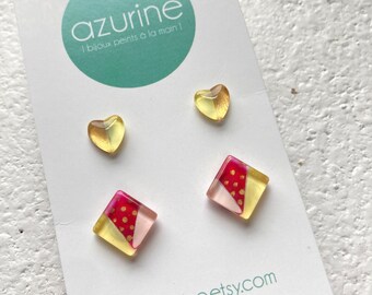 Pink, yellow gold heart earring set | surgical steel | handpainted glass by azurine | made in Canada
