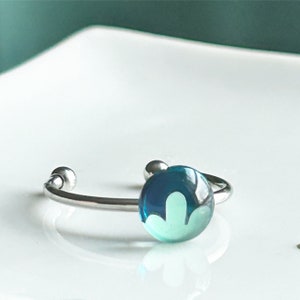Tiny delicate ring teal and mint green stainless steel handpainted glass by azurine image 1