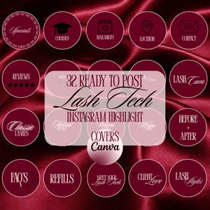 May include: Burgundy-coloured Instagram highlight covers for lash technicians. The covers display icons and text including "Specials," "Courses," "Availability," "Location," "Contact," "Reviews," "Classic Lashes," and "Lash Tech."