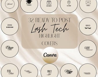 32 Lash Tech Instagram Highlights, Lash Tech Story Icons, Cream Highlight Icons, Lash Tech Branding, Canva Templates, IG Story Covers