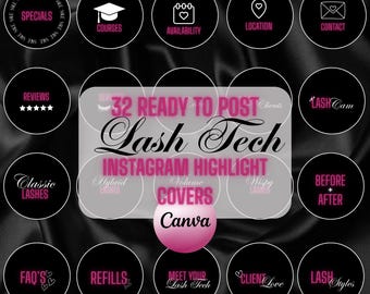 32 Highlights di Lash Tech su Instagram, icone per le storie di Lash Tech, icone per le Highlights rosa, branding di Lash Tech, modelli Canva, copertine per le storie di IG