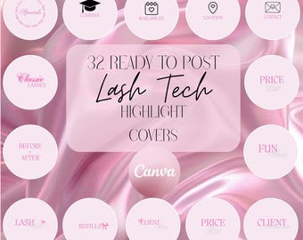 32 Highlights di Lash Tech su Instagram, icone per le storie di Lash Tech, icone per le Highlights rosa, branding di Lash Tech, modelli Canva, copertine per le storie di IG