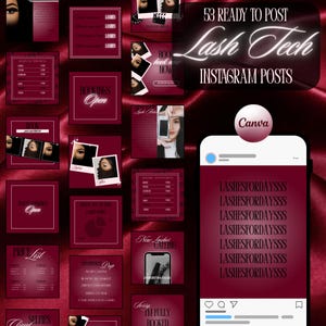 May include: A collection of 53 ready-to-post Instagram posts for lash technicians, in shades of burgundy and white. The design includes text such as "Lash Tech" and "Book Now", along with the Canva logo. The posts are designed to promote lash services.