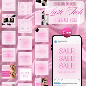 Puede incluir: Un gráfico digital rosa con el texto "53 Ready to Post Lash Tech Instagram Posts". La imagen incluye varias plantillas de redes sociales rosas, incluyendo gráficos de "Venta" y recordatorios de citas. Un teléfono muestra una publicación de "Venta".