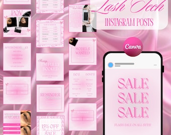 Puede incluir: Un gráfico digital rosa con el texto "53 Ready to Post Lash Tech Instagram Posts". La imagen incluye varias plantillas de redes sociales rosas, incluyendo gráficos de "Venta" y recordatorios de citas. Un teléfono muestra una publicación de "Venta".
