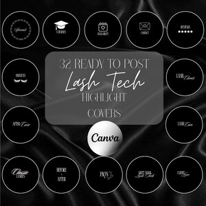 Könnte beinhalten: Eine Sammlung von 32 schwarzen und weißen Lash Tech Highlight-Covern. Jedes Cover zeigt ein weißes Symbol und Text, darunter "Specials", "Courses", "Availability", "Contact", "Reviews", "Services", "After Care", "Classic Lashes" und "FAQs".