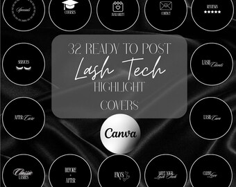32 Lash Tech Instagram Highlights, Lash Tech Story Icons, Black Highlight Icons, Lash Tech Branding, Canva Templates, IG Story Covers