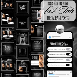May include: A set of 53 Instagram post templates for lash technicians, in black and white. The designs feature text like "Bookings Open", "Client Selfies", and "Appointment Prep". The Canva logo is also visible in the image.