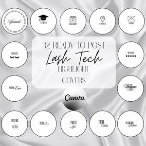 Könnte beinhalten: Eine Sammlung von 32 sofort einsatzbereiten Lash Tech Highlight-Covern. Die Cover sind in einem minimalistischen Schwarz-Weiß-Design gehalten und zeigen Symbole und Text wie "Specials", "Courses", "Availability" und "Reviews". Das Canva-Logo ist ebenfalls sichtbar.