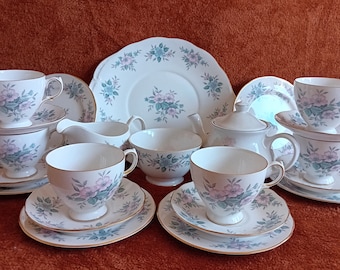 Colclough Vintage Blue and Pink Fine Bone China Tea Set, Pattern 8378