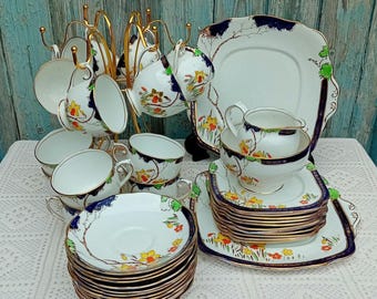 Roslyn Bone China &quot;Springtime&quot; Art Deco Style Vintage Trio Teacup and Saucer Set, Sugar Bowl, Creamer and Cake Plate