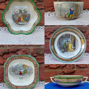 Może przedstawiać: Kolaż antycznych ceramicznych naczyń i misek. Elementy te zawierają szczegółowe ilustracje ludzi w historycznych sceneriach, z zielonymi i brązowymi ozdobnymi obramowaniami. Kształty są różne, w tym miska z falbankami i kwadratowy talerz.