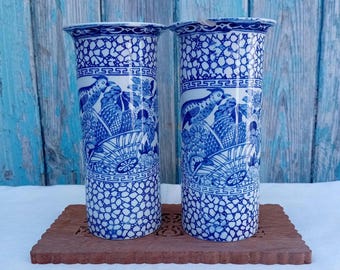 William Adams Blue and White Chinese Bird Vase Set of 2