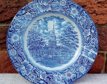 Liberty Blue and White Historic Colonial Scene, a Vintage Staffordshire Dinner Plate featuring Independence Hall