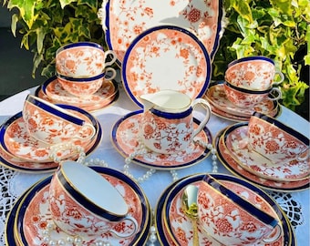 Royal Crown Derby Imari Style Cobalt blue and Royal Orange Tea Set