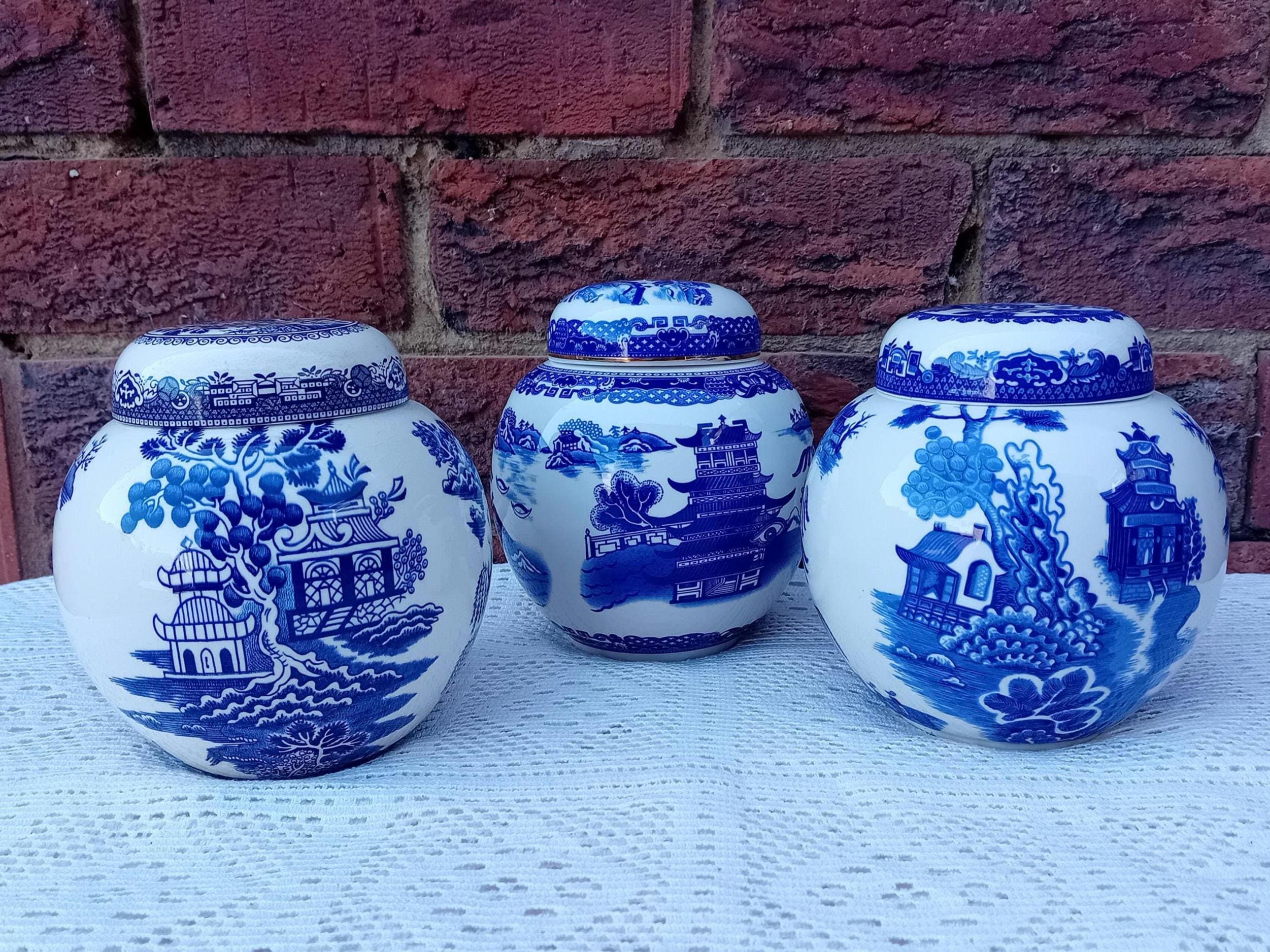 Willow Pattern Ginger Jar, Tea Caddy, and Storage Jar for Ringtons and Twinings & Co, made by Carlton Ware, James Sadler, and Burgess Leigh.