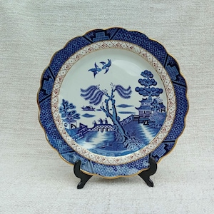 Booth  Vintage Blue and White Real Old Willow China Inspired Pattern with Gold Gild on the Outer Rim, Number A8025, 8.5inches