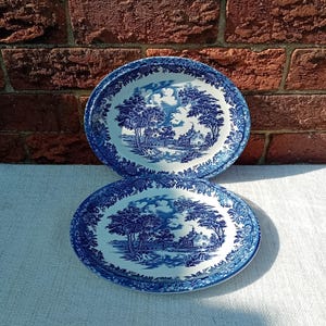 English Blue and White Transferware Oval Serving Platter with Pastoral Countryside Scene