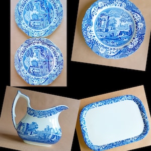 May include: A set of blue and white china featuring a blue and white floral pattern with a central image of a building and trees. The set includes two plates, a cream jug, and a serving tray.